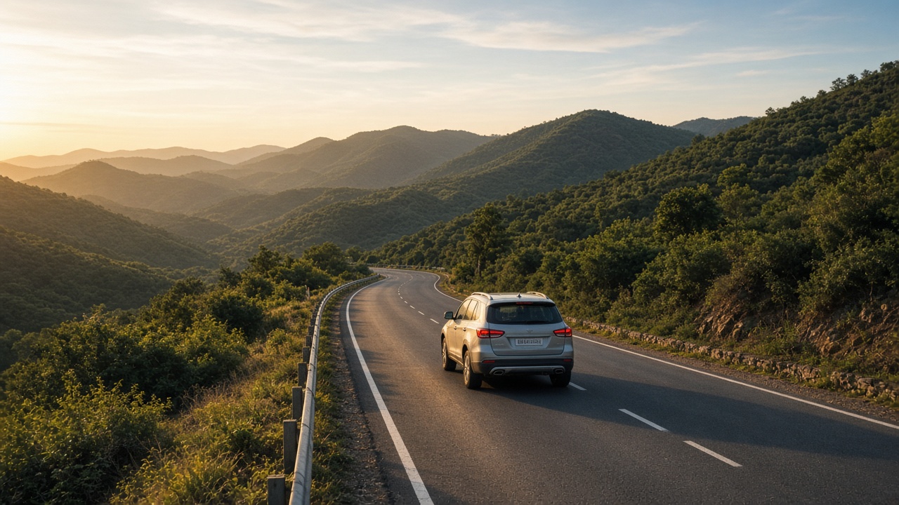 A private car on an open highway through green foothills at golden hour